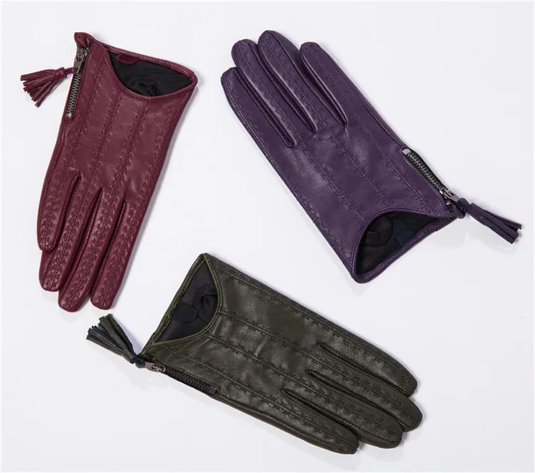 Guantes de conducción con flecos de poliuretano para mujer, estilo corto, con cremallera, para otoño e invierno, con forro de terciopelo, talla M, Negro, M