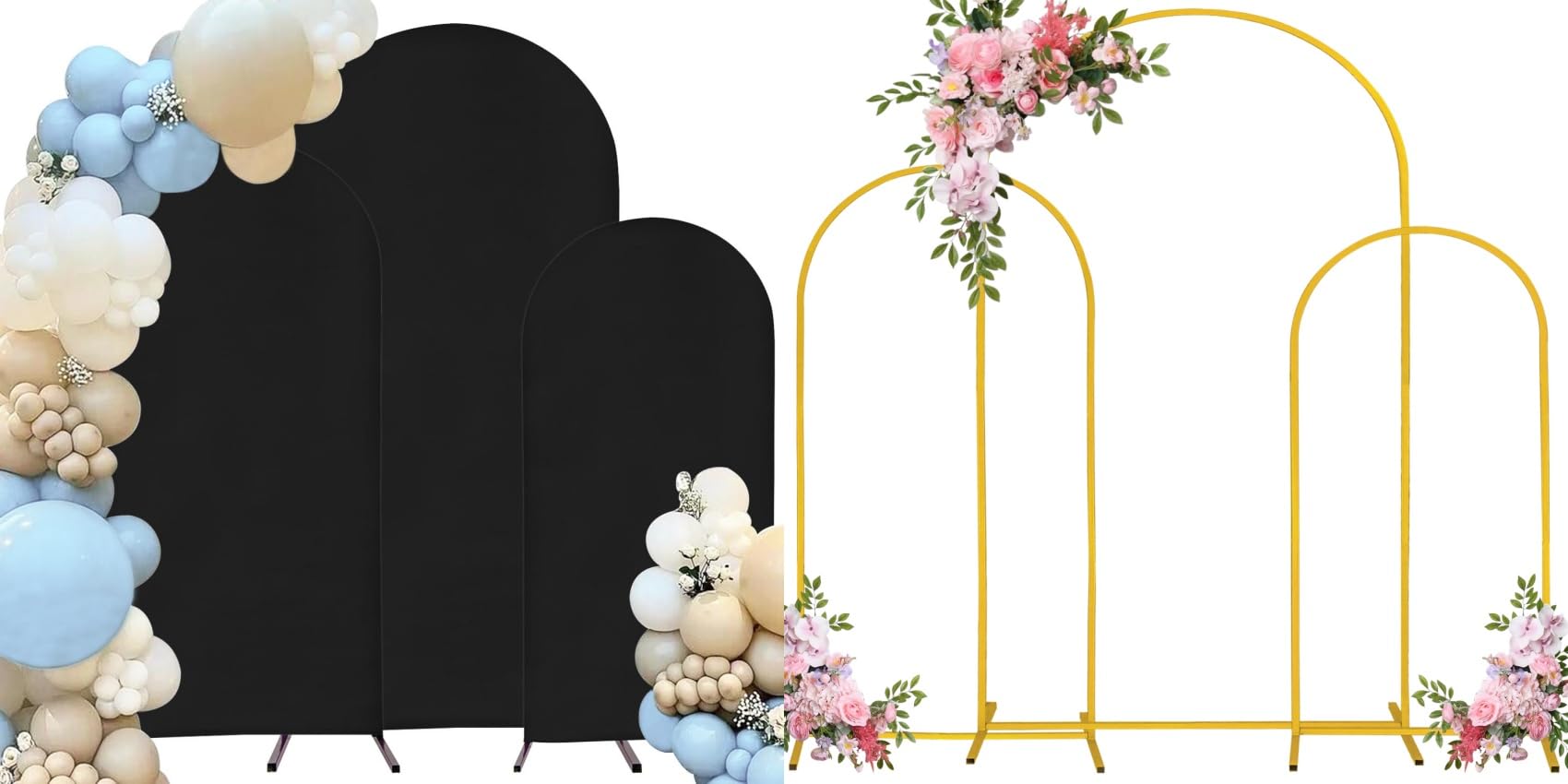 Black Spandex Fitted Wedding Arch Cover and Gold Metal Arch Backdrop Stand Bundle Set of 3 for Wedding Ceremony Birthday Party Bridal Baby Shower Banquet Decoration (5FT,6FT,7.2FT)