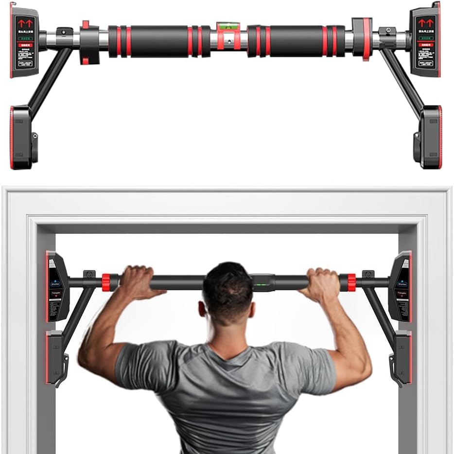 Pull Up Bar for Doorway, Strength Training Pull-Up Bars with No Screw, Chin Up Bar with Suppprt Frame,Level Mete, Adjustable Width