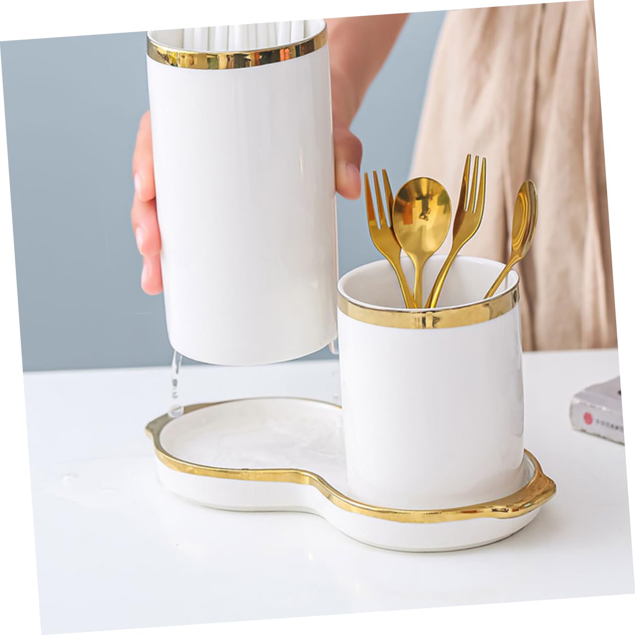 Zerodeko Scaffale Portaoggetti da Cucina in Ceramica Ripiano per Bacchette e Posate Scolapiatti per Casa Design Semplice e Pratico Bianco