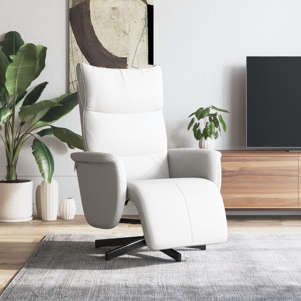 Fotel relaksacyjny biały z podnóżkiem i obiciem ze sztucznej skóry, obracany o 360 stopni, regulowane oparcie i funkcja leżenia, tapicerowane podłokietnikami, ergonomiczny, do salonu, biura
