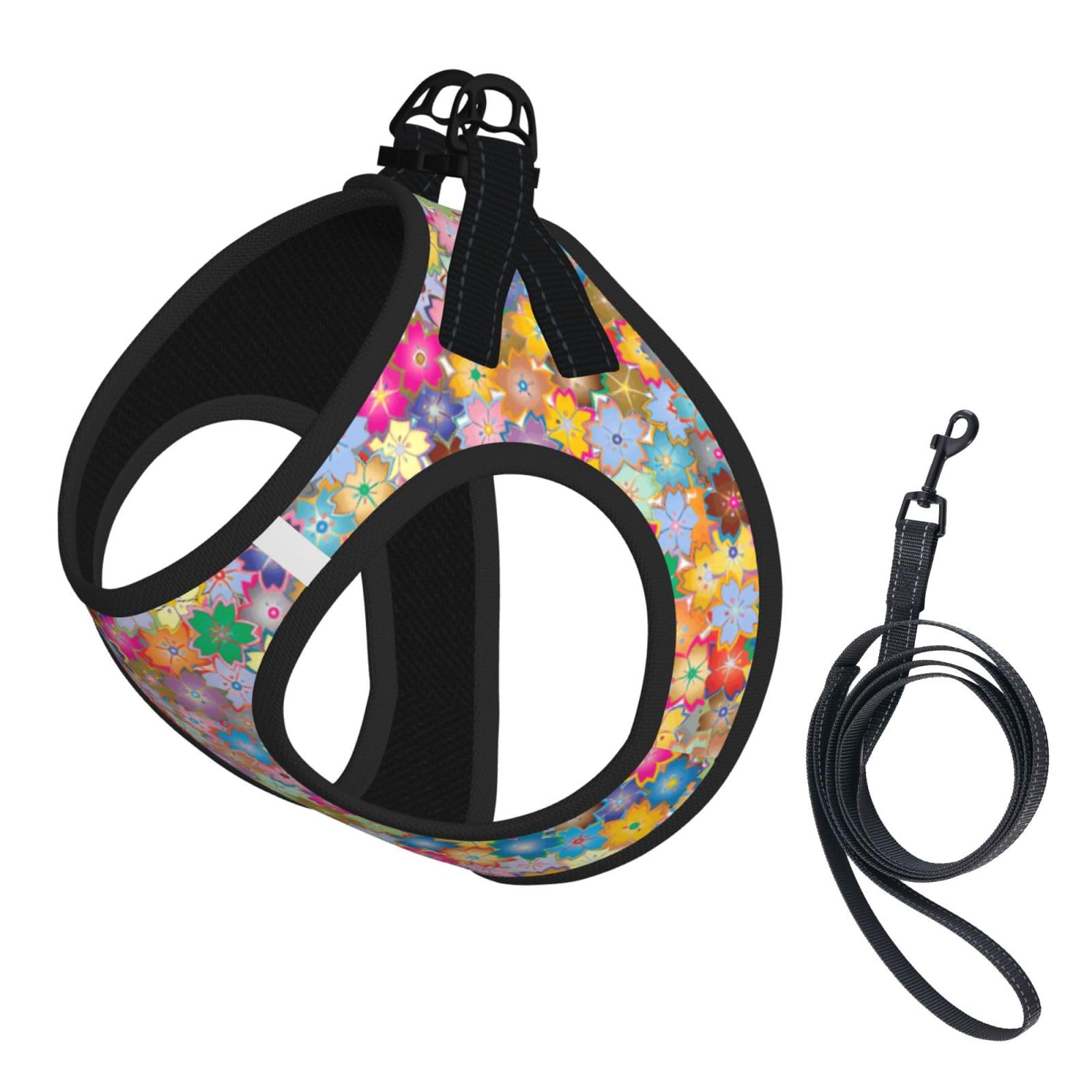 Create Flowers Dog Harness and Leash Set No Pull Reflective Adjustable Soft Mesh Padded Pet Vest with Safety Buckle for Small Medium Dogs and Cats Large