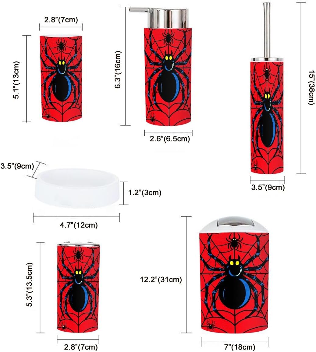 Bathroom Accessories Set 6 Pcs Red Large Central Two Smaller Spiders Red Web Toothbrush Holder Cup Soap Dispenser Soap Dish Toilet Brush Holder Trash Can for Countertop Decor