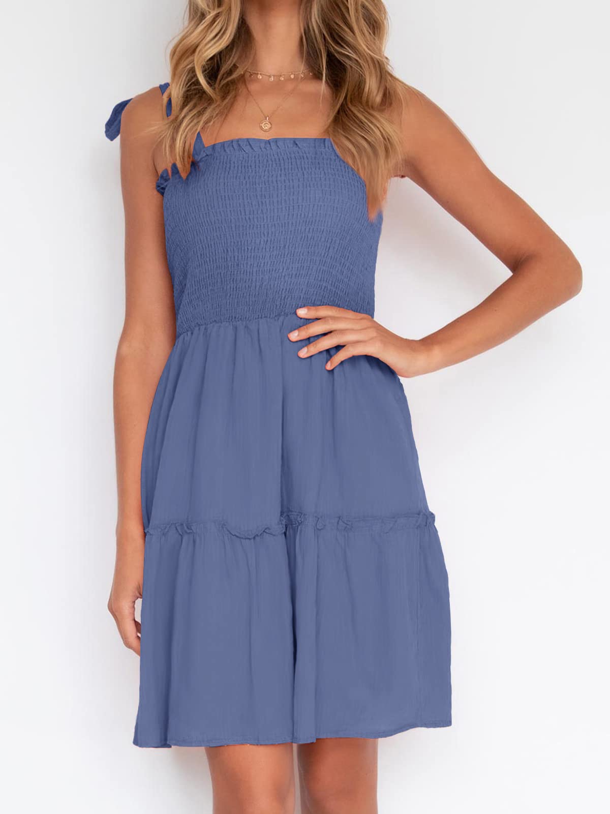ZESICA Women's 2025 Summer Spaghetti Strap Sleeveless Square Neck Ruffle A Line Swing Mini Dress
