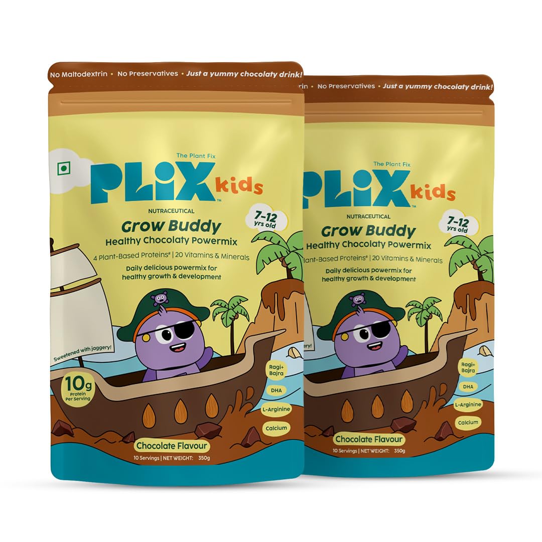 PLIX Kids GrowBuddy Chocolaty Powermix | 10g Protein | 20 Vitamins & Minerals | DHA & L-Arginine | Healthier Growth & Stronger Bones | Zero Refined Sugar | 7+ Years (Pack of 2)-image-39