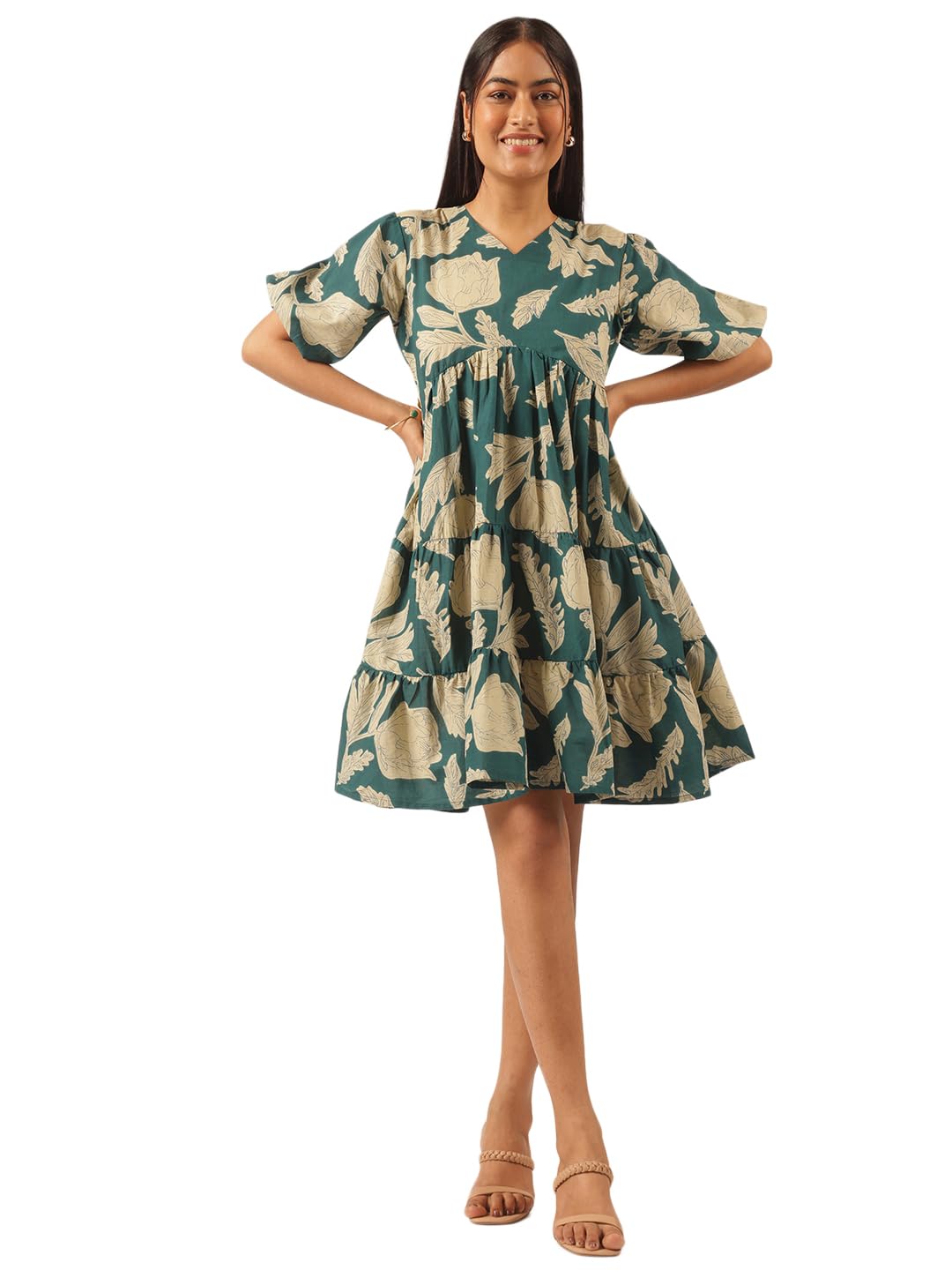 vbuyz Women's Floral Print Flared Cotton Beige Stitched Dress-picture-47