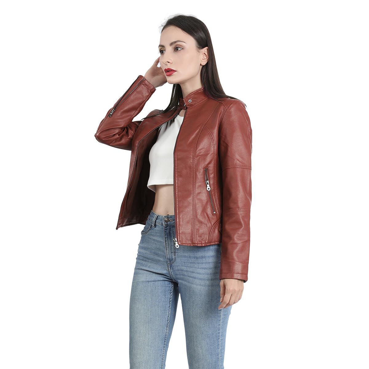 YYNUDA - Chaqueta de piel sintética para mujer, diseño de aviador, moto, cazadora de piel sintética con cremallera, cálida, casual