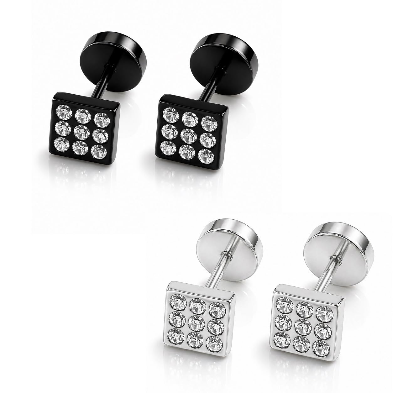 1 Pair Silver & 1 Pair Black Plated Sparkling & Anti-Tarnish Square Cubic s Screw Back Zircon Stainless Steel Stud Earring-image-27