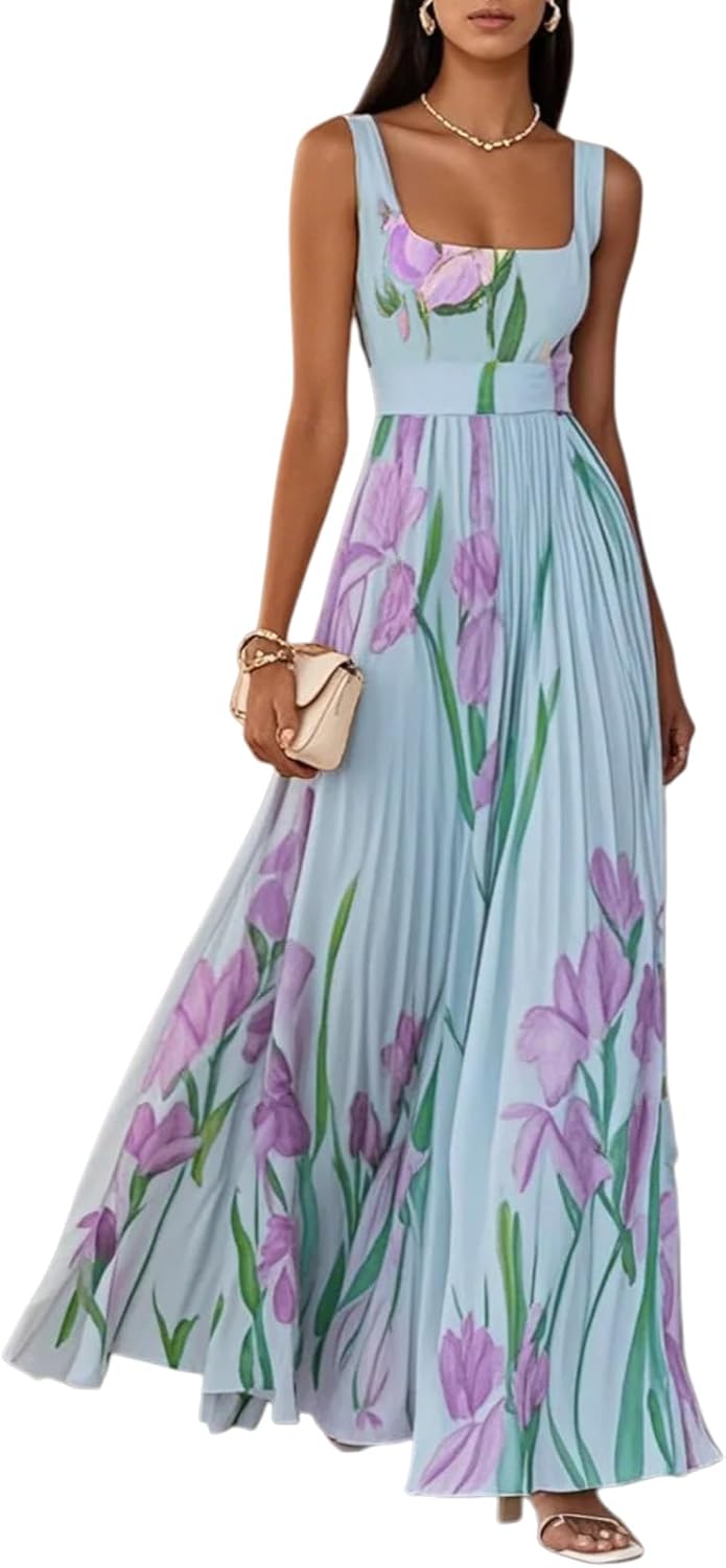 Blue Tulip Print Evening Dress Elegant and Flowing Women’S Sleeveless V Neck Chiffon Maxi Dress Light Blue Floral Dress