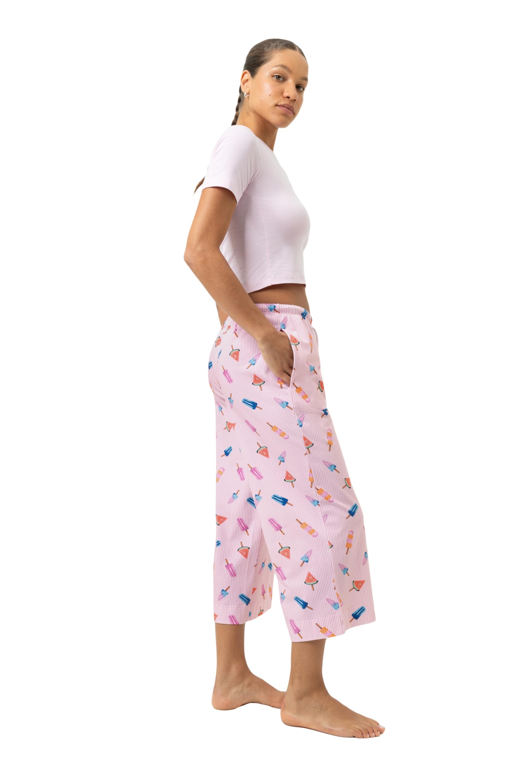 Mey Damen Culotte: Bequeme, lockere Passform, Leichte Single-Jersey-Qualität, Dünner Komfortbund mit Kordelzug, Seitliche Taschen, Allover-Print mit Eiscreme-Motiven, Serie Cooling Ice