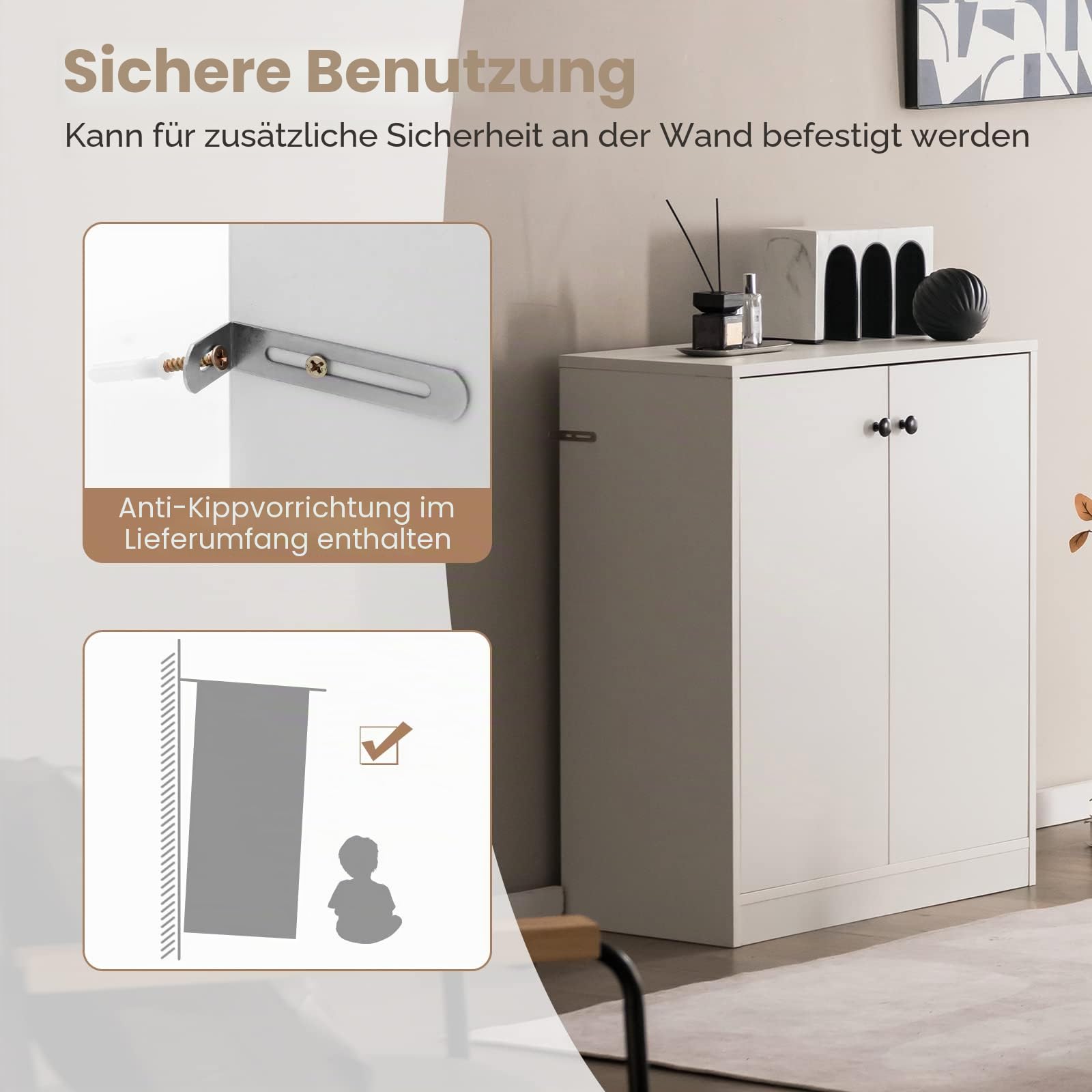 KOMFOTTEU Sideboard mit 2 Türen, Buffet Anrichte mit Kippschutz, Kommode Beistellschrank für Wohnzimmer, Esszimmer, Schlafzimmer, Eingangsbereich, 72 x 34 x 85,5 cm (Weiß)