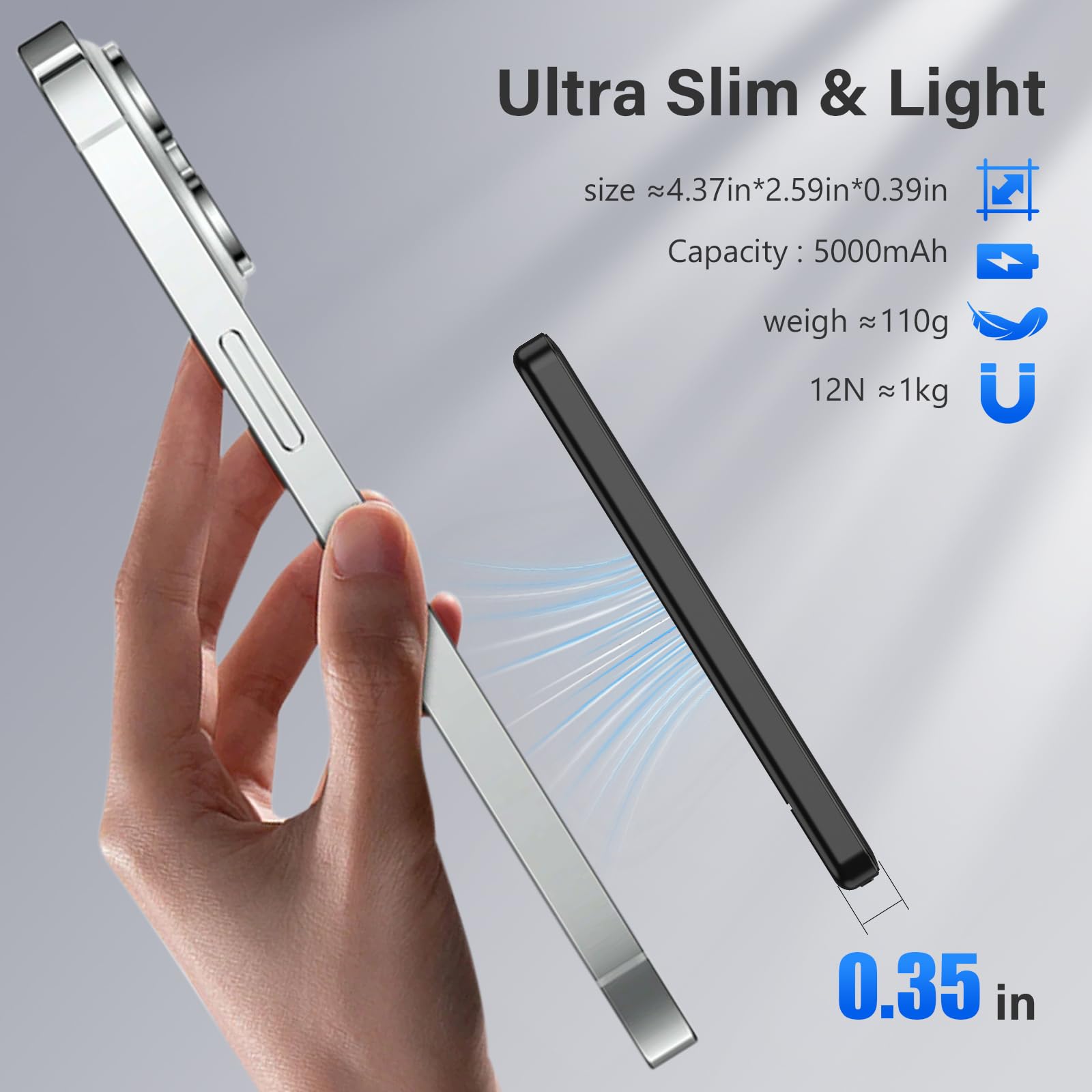 Mini Power Bank 5000mAh, Wireless Powerbank Magnetico Con Display LED, PD 22.5W USB-C Batteria Wireless Battery Pack per iPhone serie 17/16/15/14/13/12/ Pro Max (Nero)