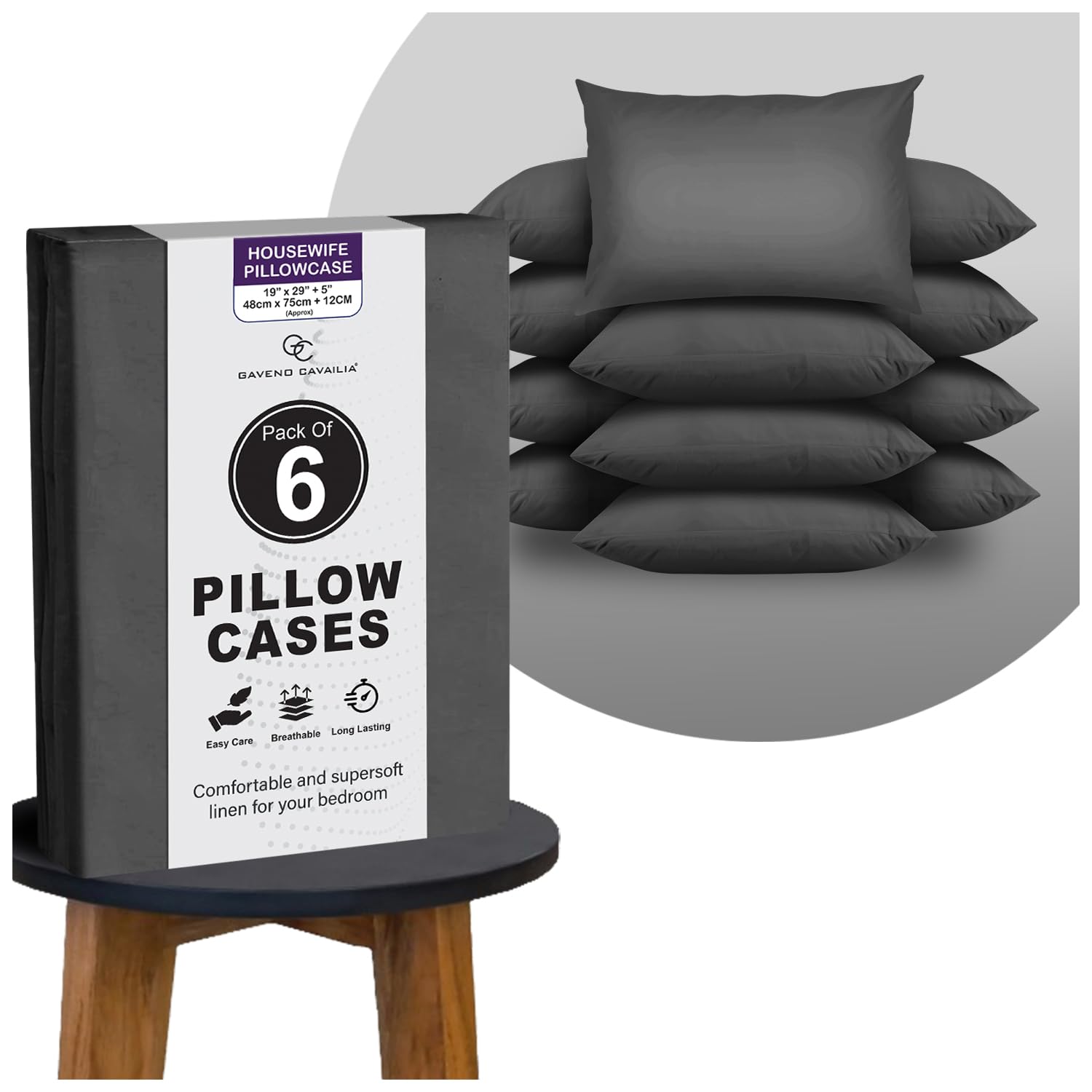 GC GAVENO CAVAILIA Housewife Pillow Cases 6 Pack, (74cm x 48cm) - Charcoal