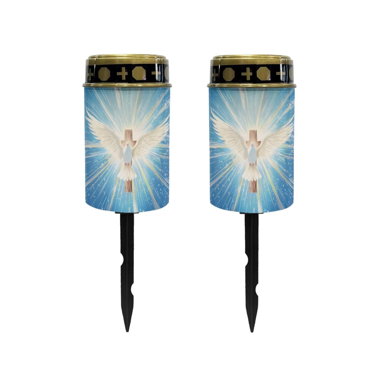Poceacles Cross Solar Lights Outdoor Waterproof Grave Solar Lights for Cemetery LED Flameless Candle Cemetery Solar Candle Lights Pillar Candles Outdoor Decor, Dove of Peace Cross Blue, Pack of 2