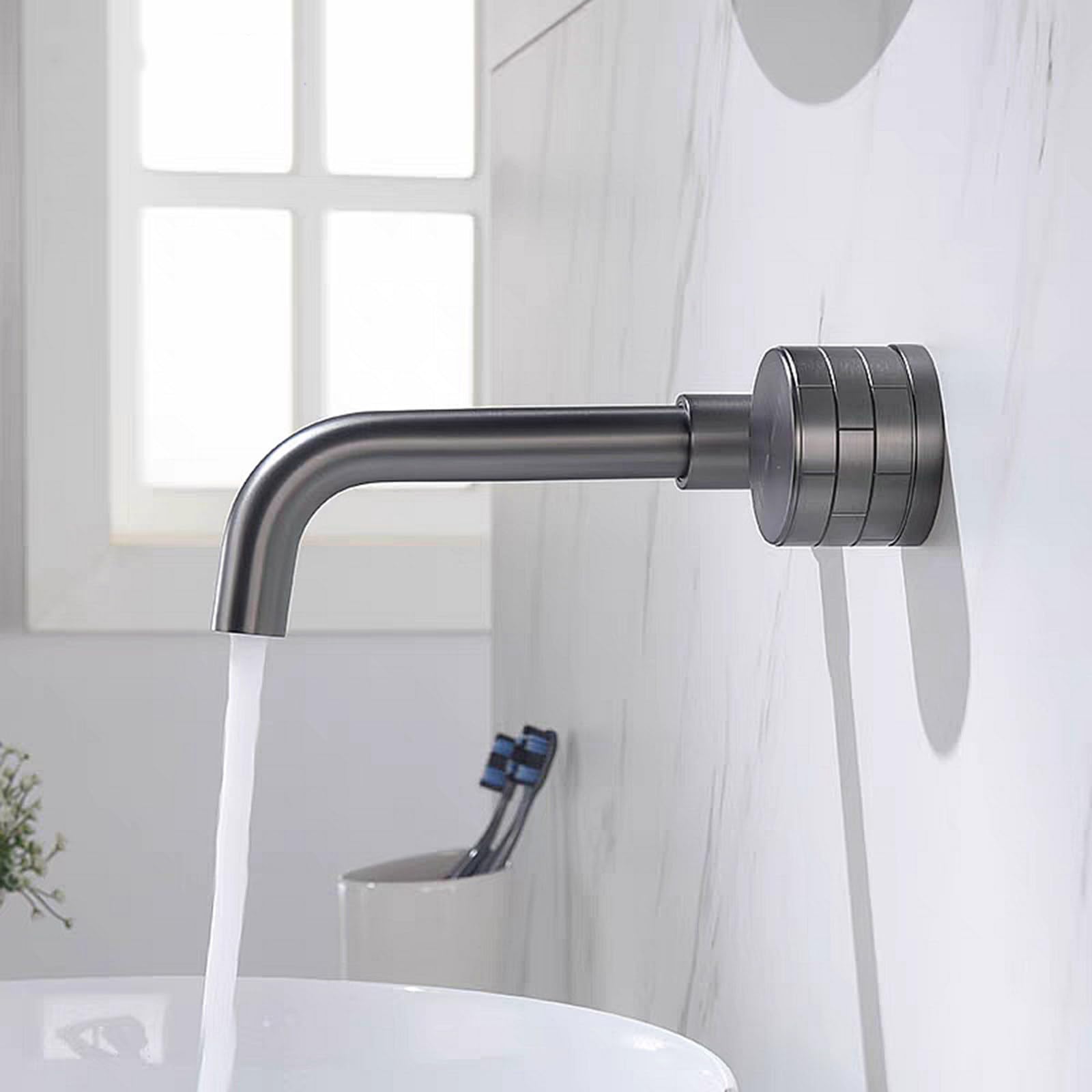 Rubinetto per lavabo da Bagno a Parete, Rubinetto per lavabo a Parete, Miscelatore per lavabo, Maniglie Singole, beccuccio Girevole a 360° con valvola Grezza in Ottone
