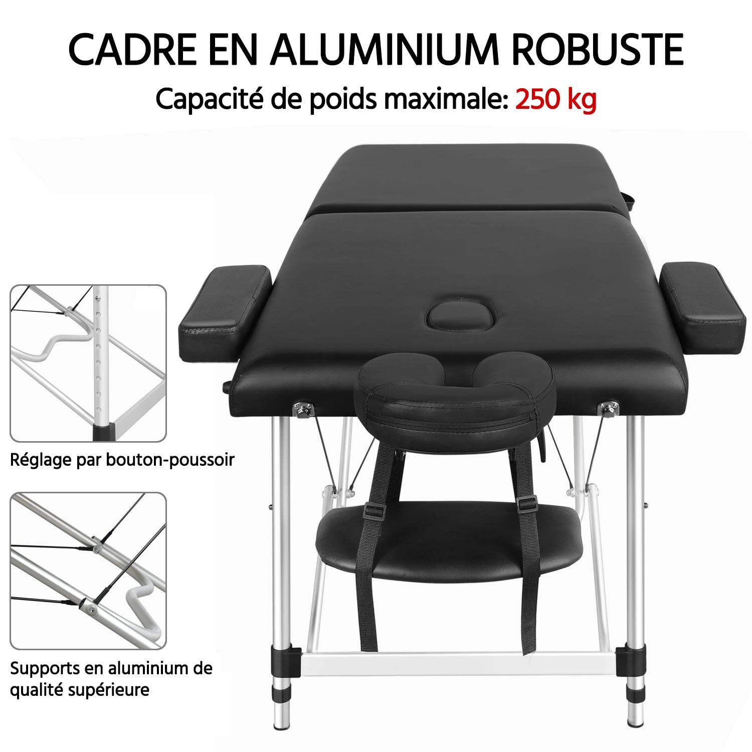 Yaheetech Table de Massage Pliante 2 Section 70 x 213 cm Lit de Massage Professionnelle Portable Aluminium Housse de Transport pour Thérapie Salon Massage