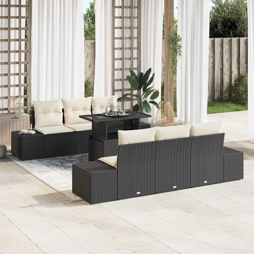 Sofa z poduszkami, 7 szt., czarno-kremowa, polirattanowa, sofa ogrodowa, sofa ogrodowa, na taras i balkon