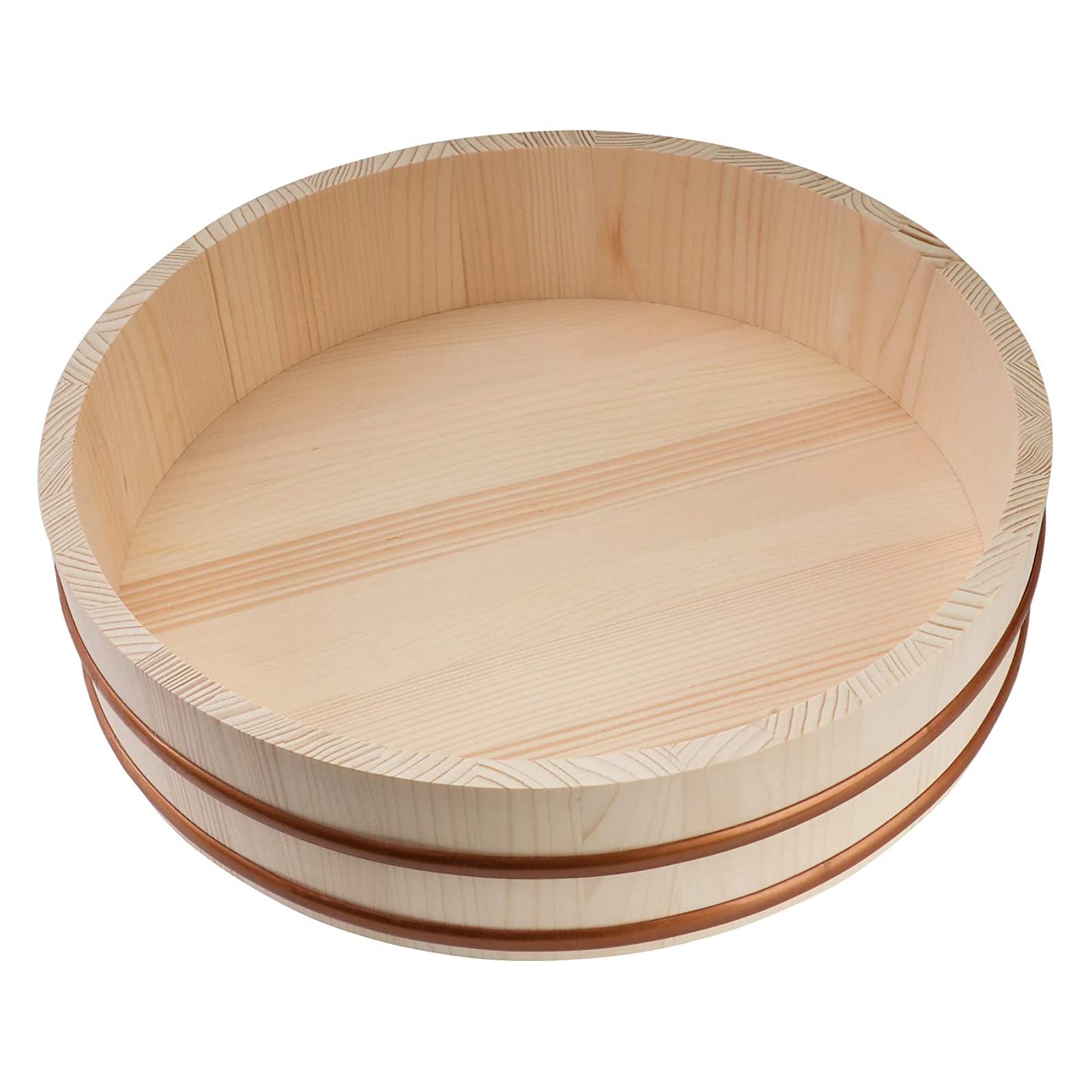 Adima Japońska drewniana miska do mieszania ryżu sushi oke beczka ryżu Hangiri sushi wanna do mieszania ryżu miedziane paski biała sosna drewno do sushi restauracji domu kuchni, 27 x 7,5 cm