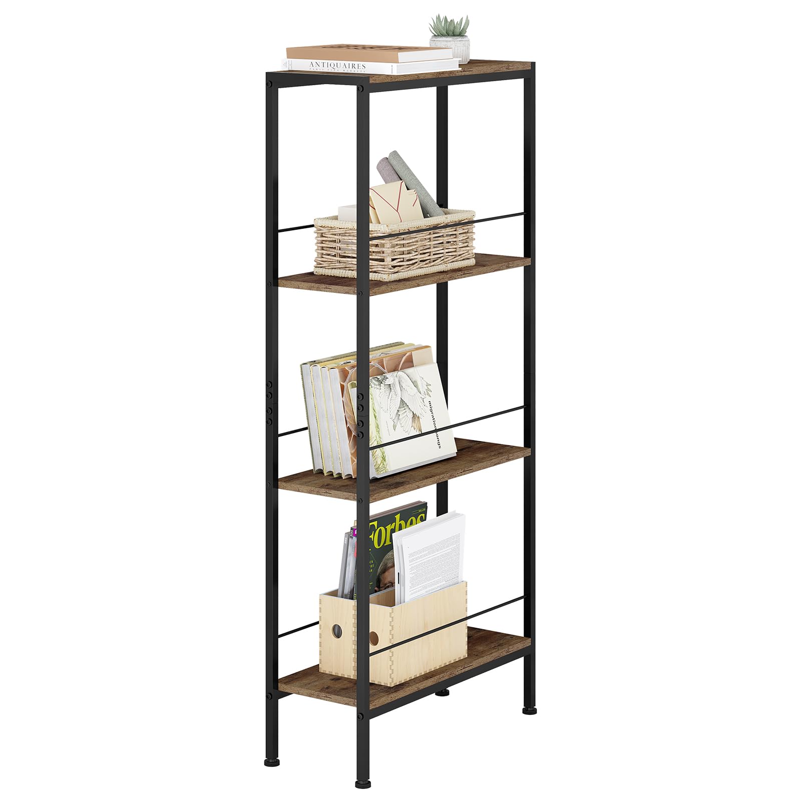 WOLTU Estanteria Almacenaje de 4 Niveles, Estanteria para Libros, Estanteria Industrial para Cocina, Salon y Dormitorio, Estructura Metal, Marrón Rústico + Negro, 50x20x110 cm, RGB53shm