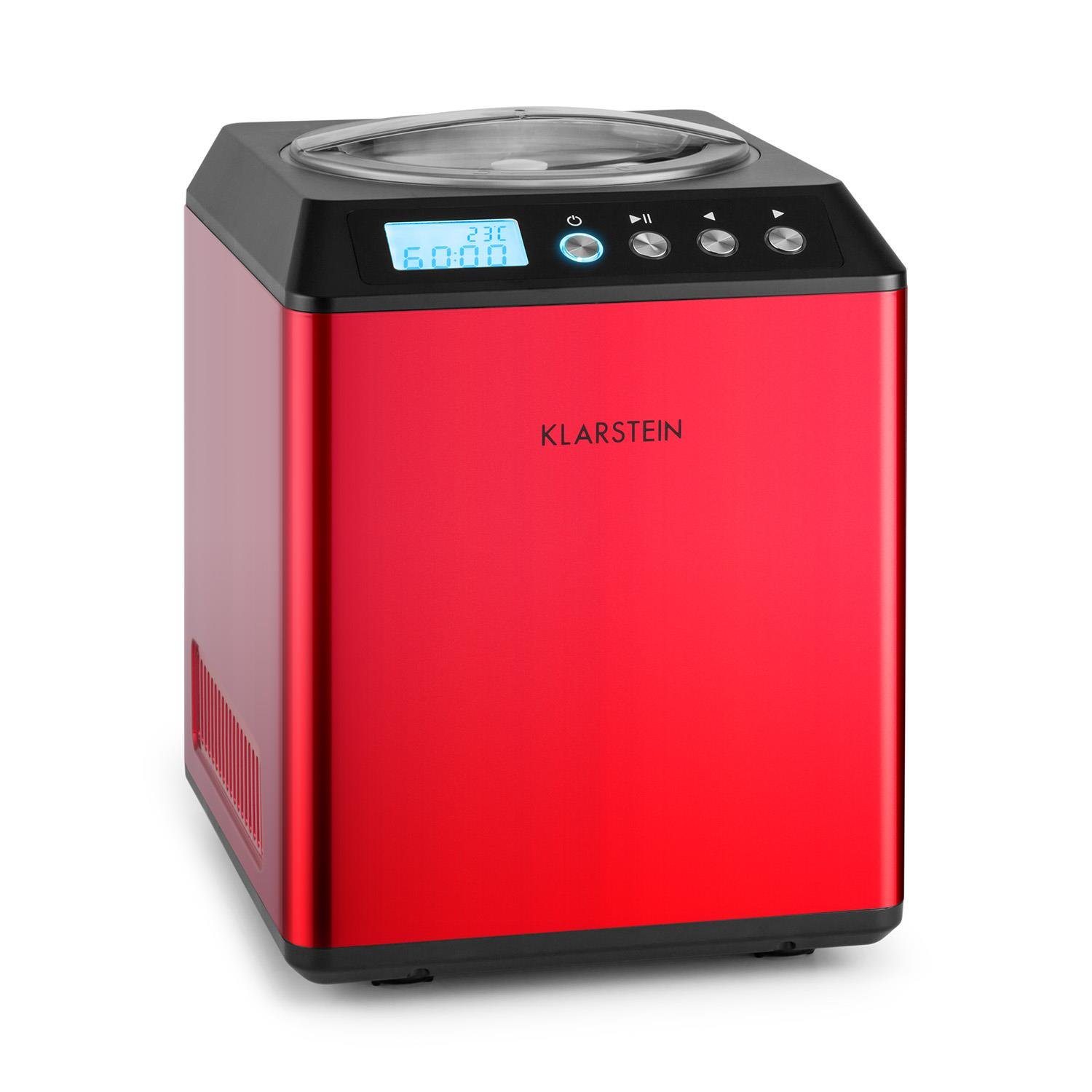 Klarstein Vanilla Sky - Macchina per Gelato, Funzione di Raffreddamento, Timer, 3-4 min, Display LED, Facile da Pulire, Acciaio Inox, Cucchiaio, 18 Watt, Capacità: 2 Litri, Rosso