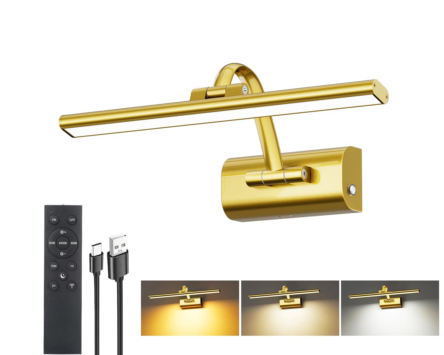 HUAEU 12" Picture Lights for Wall, 5200mAh Rechargeable Wireless Picture Light with Remote, Dimmable 3 Color Temps Battery Operated Wall Lights for Pictures Painting Dartboard Gallery, 30cm Brass — image 1