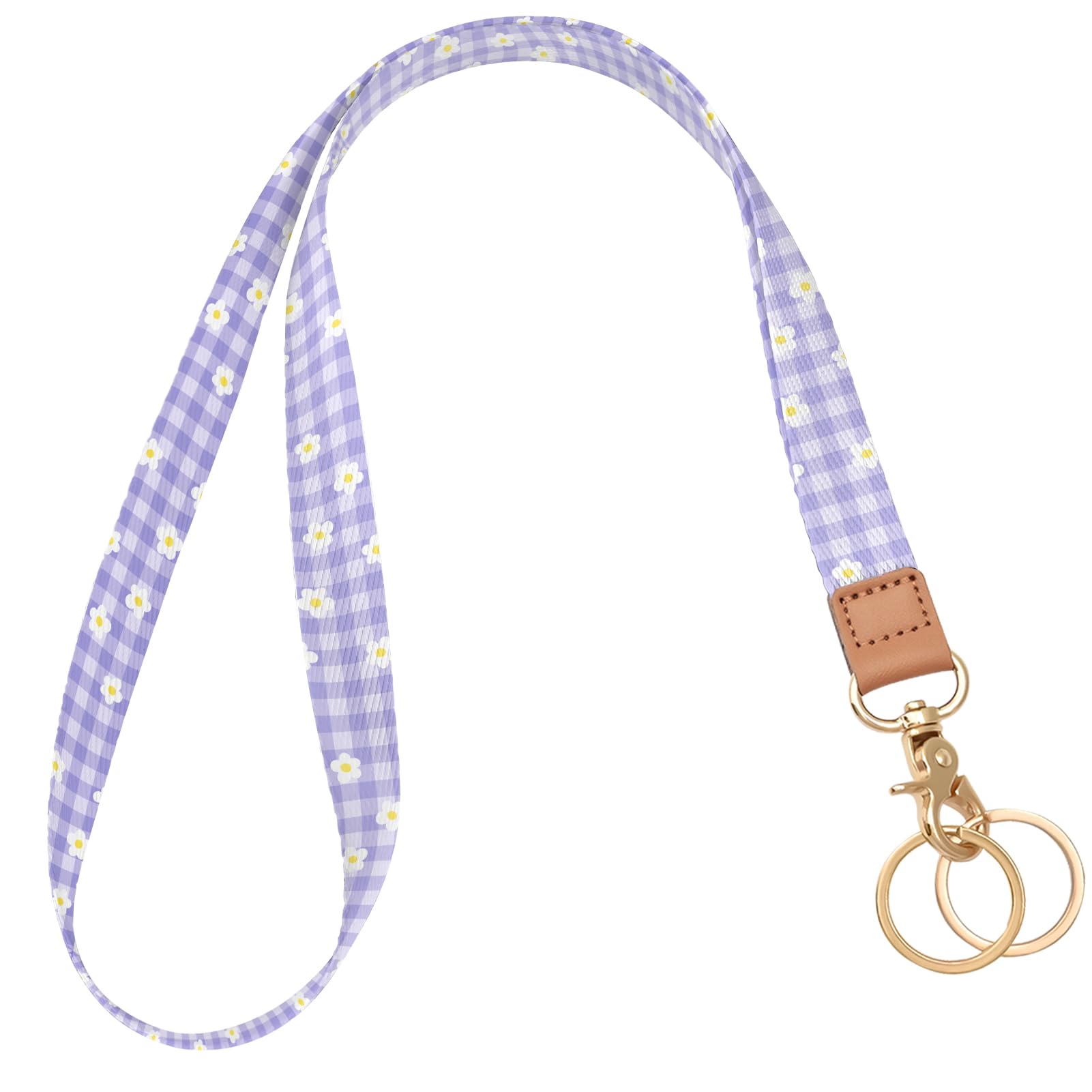 Knagsfa Badge Lanyard for Keys, Long Neck Strap with Metal Hook for ID Badges, Cute Lanyard Keychain for Women, Purple Plaid Flowers — image 1