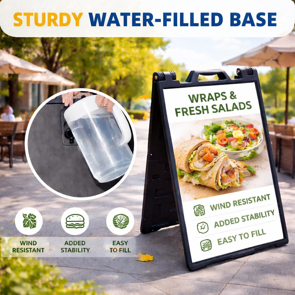 Cartel publicitario plegable de 61 x 91 cm con base rellenable de agua, doble cara, resistente a la intemperie, para restaurante, cafetería, promociones y eventos, negro