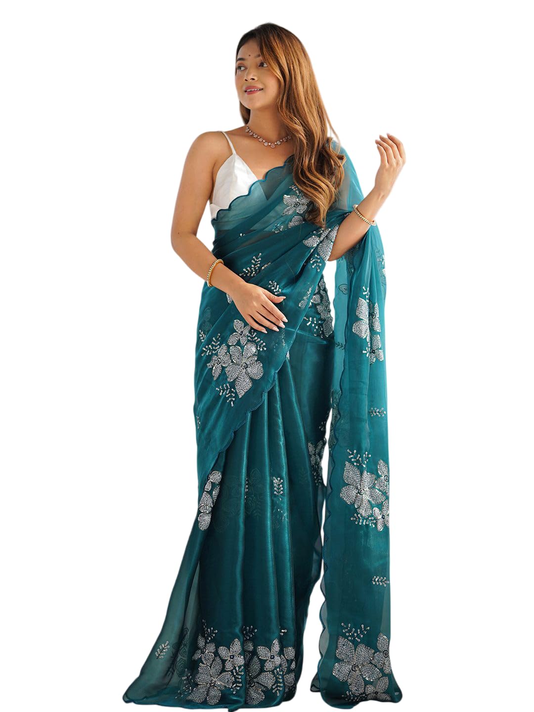 Women's Shimmer Chiffon Saree with Sequence Embroidery and Unstitched Blouse Piece-image-49