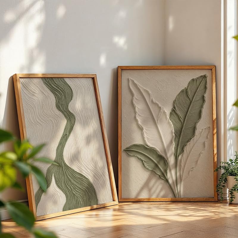 Image of NoWorries Textured Botanical Leaf Wall Painting Set of 2 with Frame | Sage Green & Beige Abstract Nature Artwork, Minimal Modern Wall Decor for Living Room, Bedroom, Office and Home Decoration (Art-1, 13x19inch)