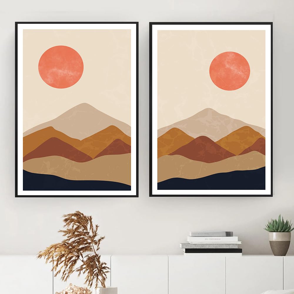 Wuhbcz Multicolored Pictures,Bohemian Posters And Prints Abstract Burnt Orange Wall Art Canvas Painting Sun Mountain Home Bedroom Kitchen Wall Decor Artwork-50 * 60Cm*2Pcs (No Frame)