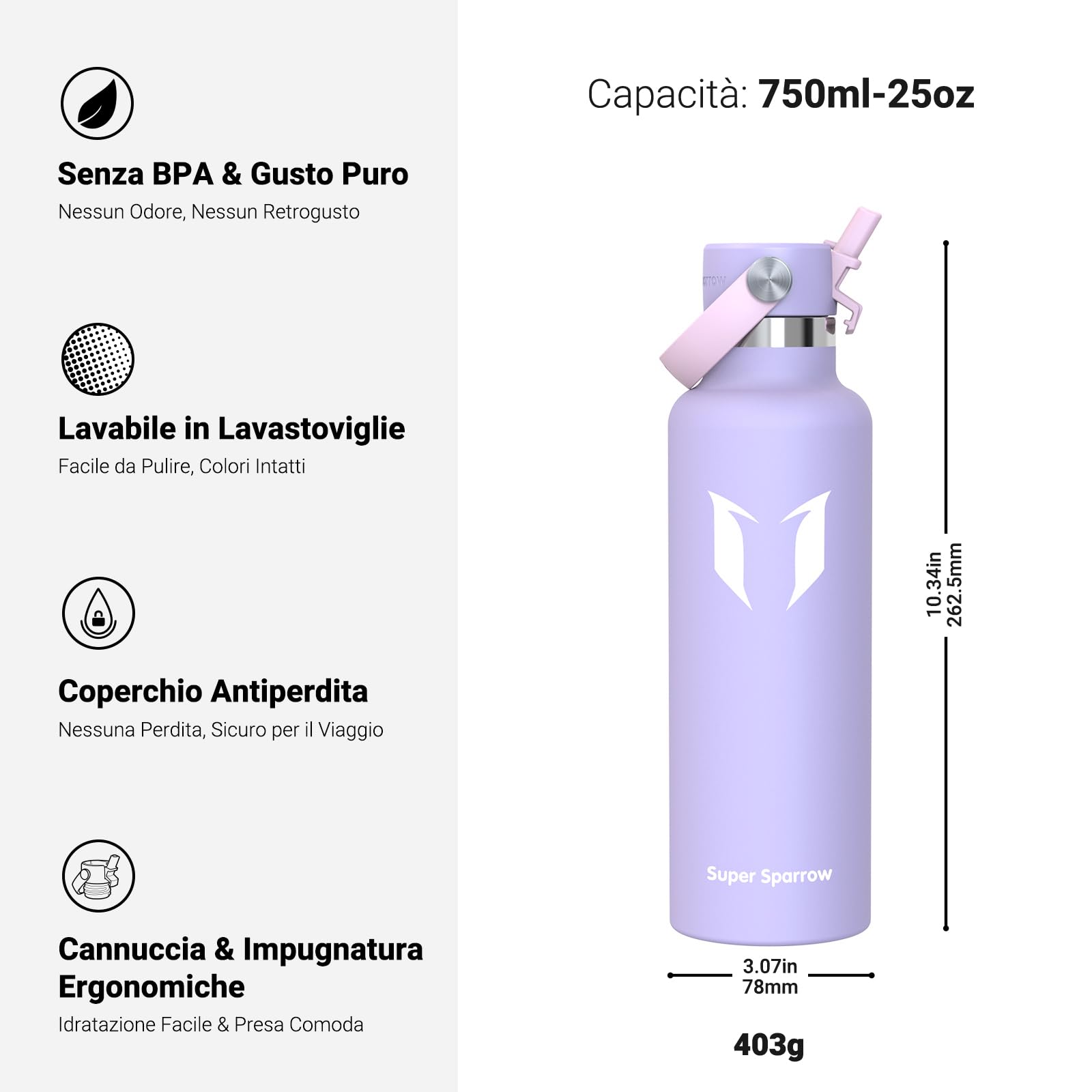 Super Sparrow Borraccia Termica, Acciaio Inox Bottiglia Termica - 350ml, 500ml, 750ml, 1L, 1.2L - Senza BPA Borracce, Borraccia Bambini per Scuola, Sport, Campeggio, Yoga, Palestra, Ciclismo