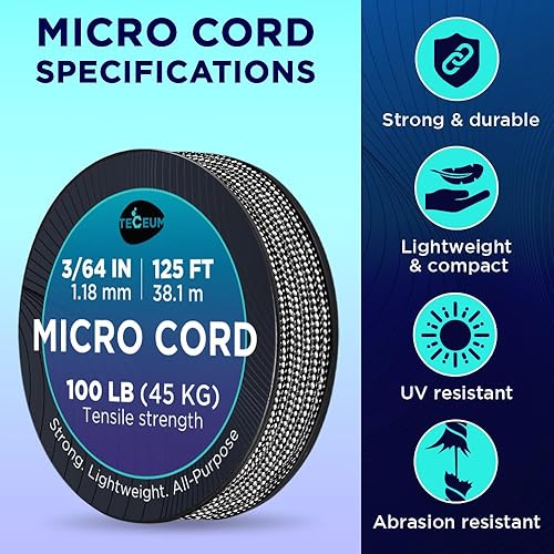 Miniatura 137 de TECEUM Micro Paracord – 0.046 in x 125 pies – Micro cable de utilidad – Cuerda de paracaídas trenzada fina – Lo mejor para manualidades, proyectos