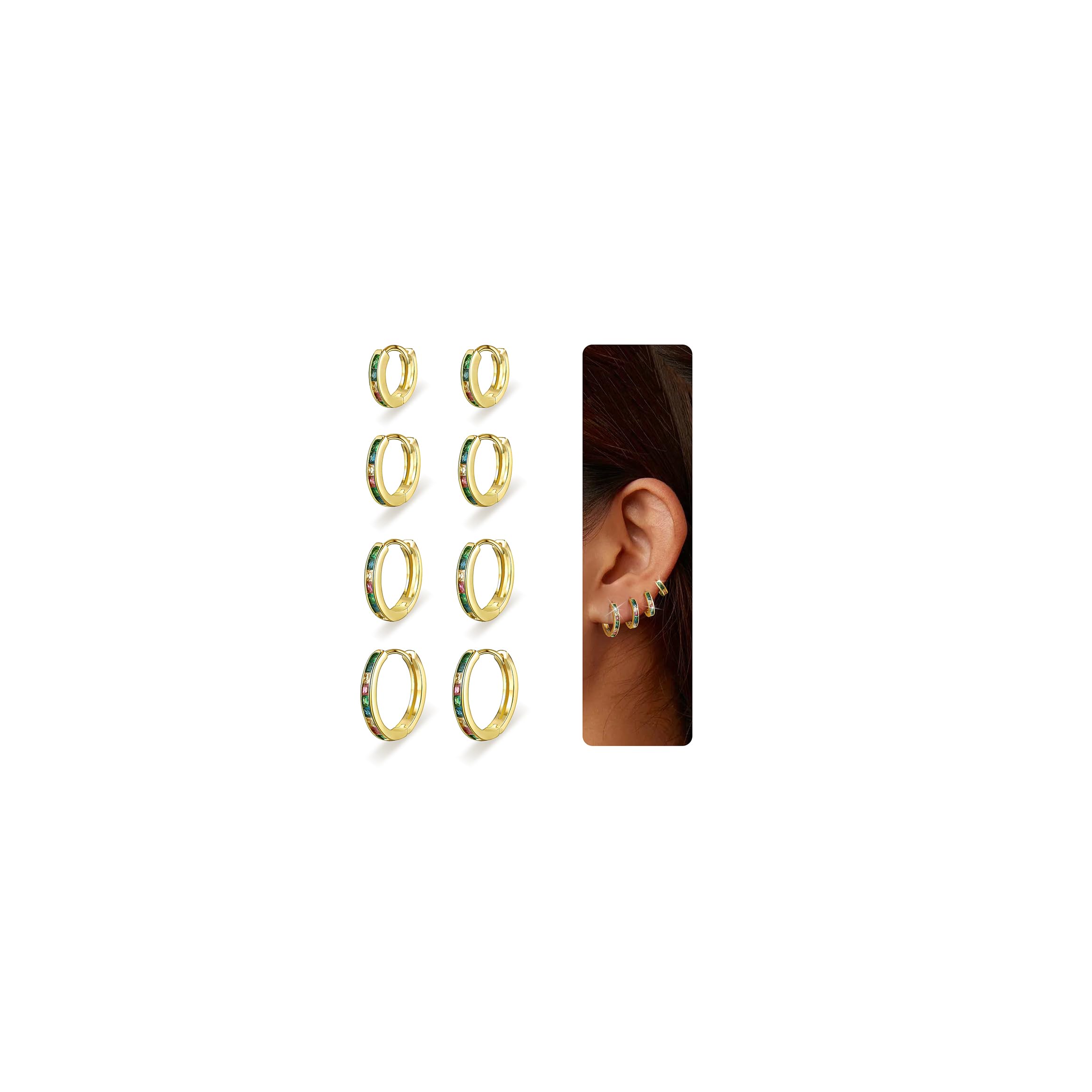 Nelytiya 4 Paar Ohrringe Silber 925 Kleine Creolen Silber 925 Für Damen Hypoallergen 18K Creolen Gold Ohrringe Set mit Zirkonia Für Mehrere Piercings 8/10/12/14mm