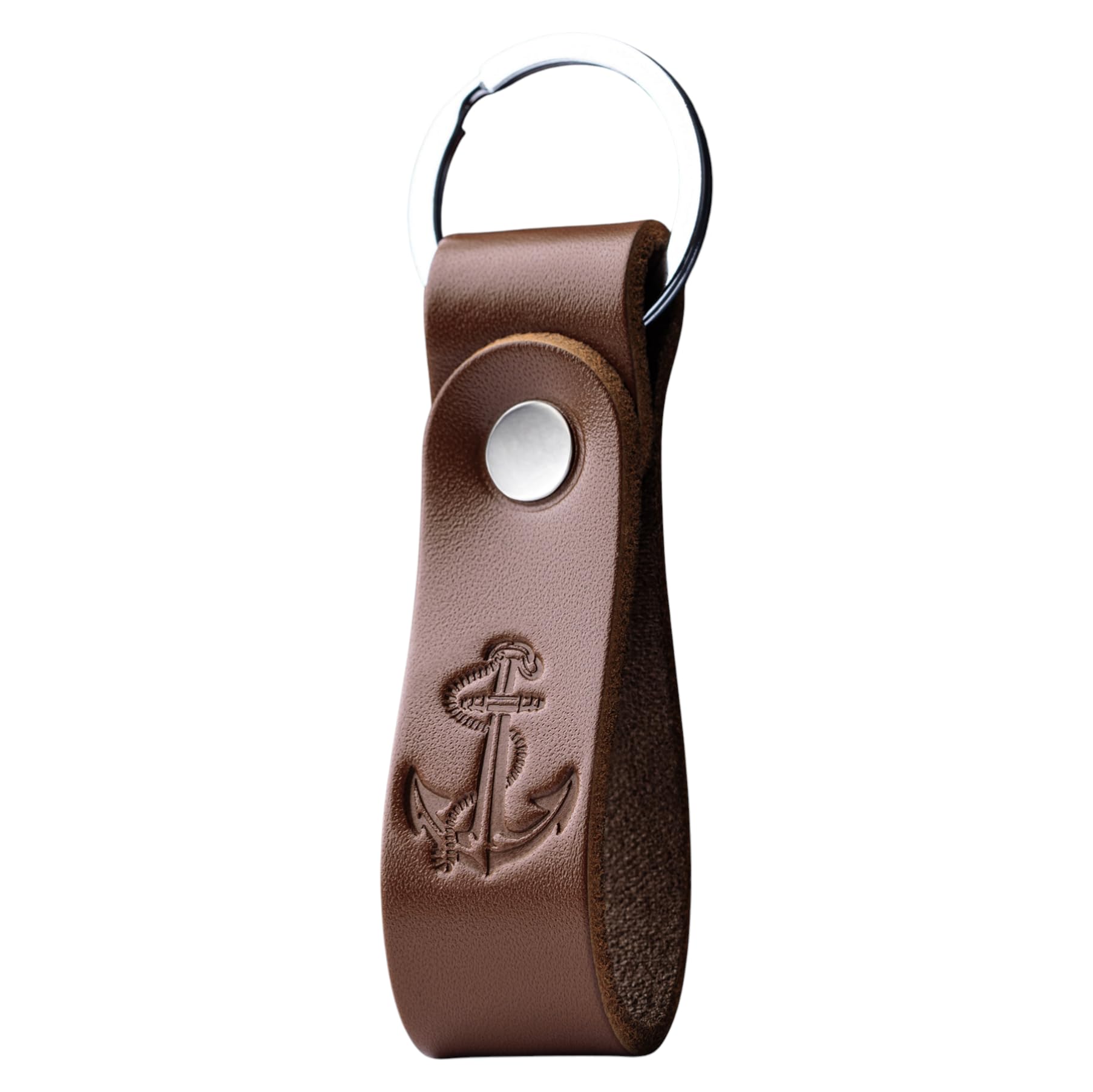 MAGOR Leather Keyring with Hot Embossed Design for Men & Women, Personalised Brown Leather Key Ring Gift for Him, Her, Mum & Dad, Premium Accessory for Car or Home Keys (Anchor)