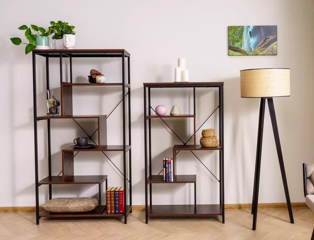 NET B, regał na książki w stylu loft, orzech włoski, metal i płyta laminowana, 75 x 132 x 35 cm, do biura i salonu