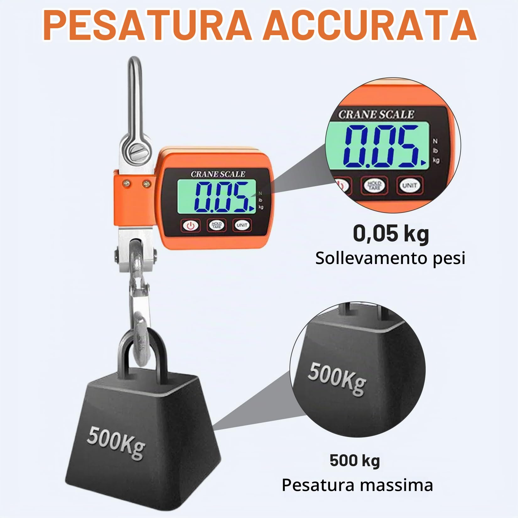 Idota Bilancia per gru, 500 kg, digitale, LCD, per pesca e wharf (arancione)
