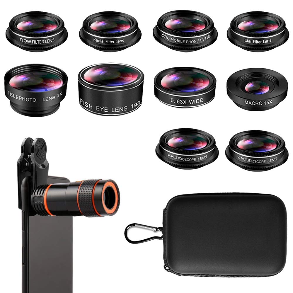 Phone Camera Lens, Cell Phone Lens Kit, 8X Zoom Lens/Fish Eye Lens 198¡ã/Telephoto Lens 2X/15X Macro Lens/CPL Lens/Radial Lens/Kaleidoscope Lens/Filter Lens, for iPhone and Android Smartphones 8Pcs