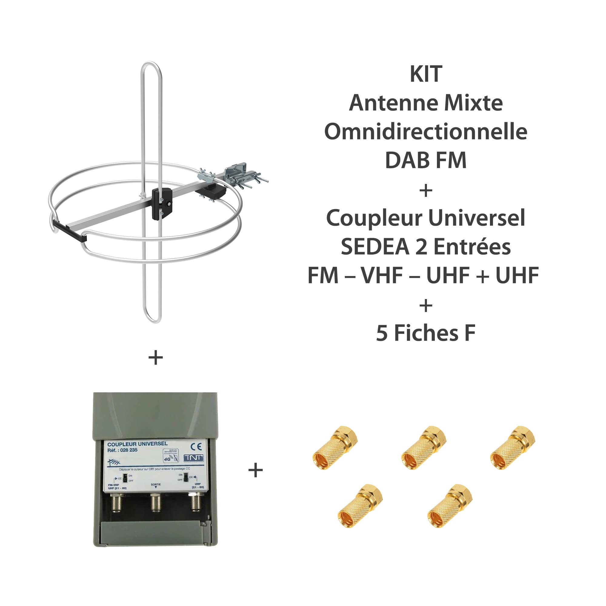 KIT Antenne Mixte omnidirectionnelle Dab FM + Coupleur Universel 2 Entrées FM – VHF – UHF + UHF + 5 Fiches F