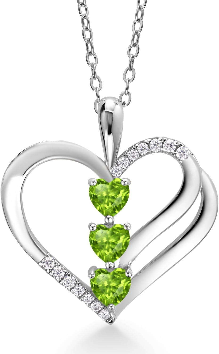 Gem Stone King 925 Sterling Silver Green Peridot and White Moissanite 3-Stone Pendant Necklace For Women (1.00 Cttw, Gemstone August Birthstone, Heart Shape 4MM, with 18 Inch Silver Chain)