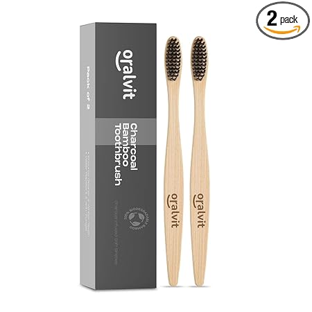 Oralvit Bamboo Charcoal Toothbrush 100% Natural | Anti-bacterial & Biodegradable | Eco-Friendly | For Adults & Kids | BPA Free (Pack Of 2)