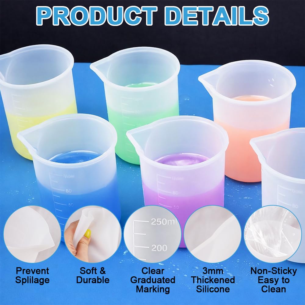 8 sztuk silikonowych kubków z miarką 250 ml/100 ml z żywicy epoksydowej, kubek do mieszania z 2 mieszadłami, do odlewania żywicy epoksydowej, rękodzieła, laboratorium, woskowania, kuchni, 8 sztuk