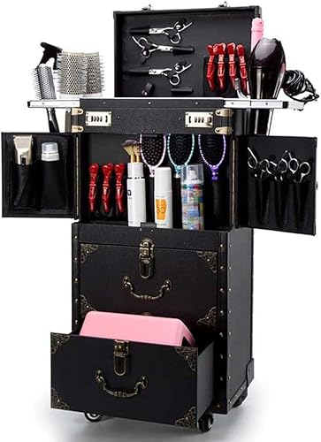 HZYLDQZJY Rolling Makeup Case, Lockable Hairdressing Suitcase with Wheels Cosmetic Luggage with Hair Dryer Holder, Beauty Salon Stylist Trolley Train Organizer Box, 15.35"×9.84"×29.2"