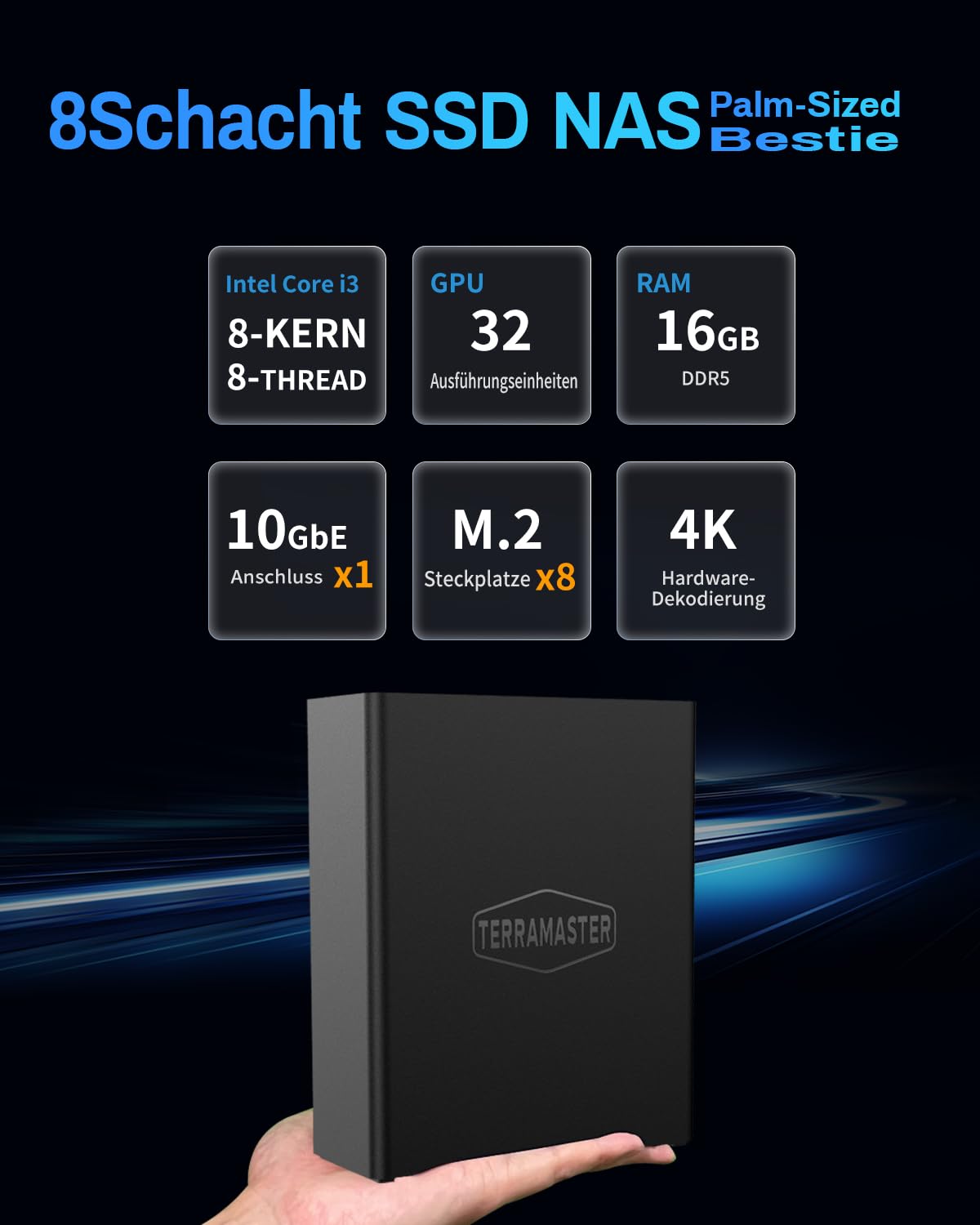 TERRAMASTER F8 SSD Plus NAS - 8Bay All SSD NAS Storage Core i3 8-Core 8-Thread CPU, 16GB DDR5 RAM, 10GbE Port, Handflächengroßer Network Attached Storage Spitzenleistung für Unternehmen (Diskless)