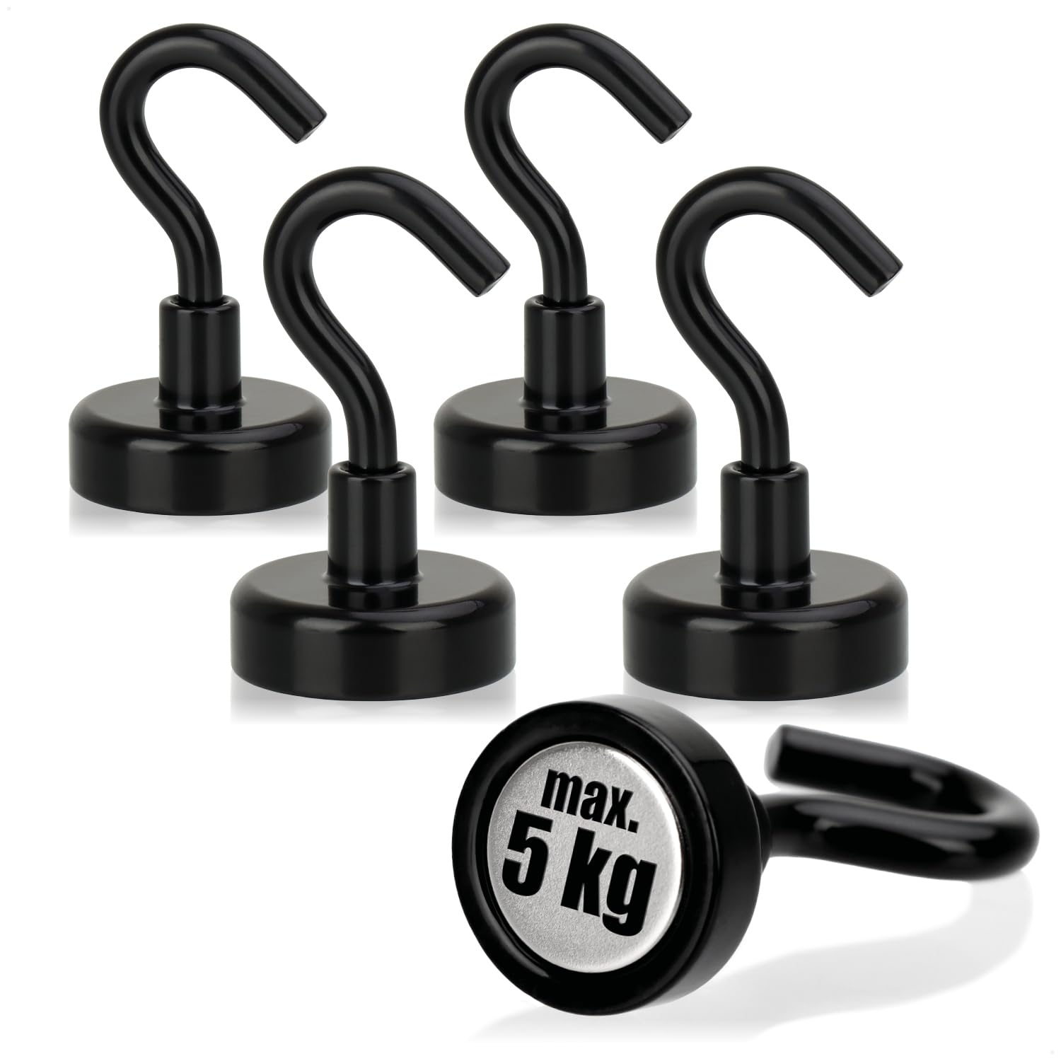 com-four® 5 Ganci magnetici al neodimio da 5 kg - Potente Magnete da Officina con Gancio 38 x 15 mm - per Cucina, Bagno, Garage o Ufficio - Gancio Appendiabiti con Magnete al neodimio