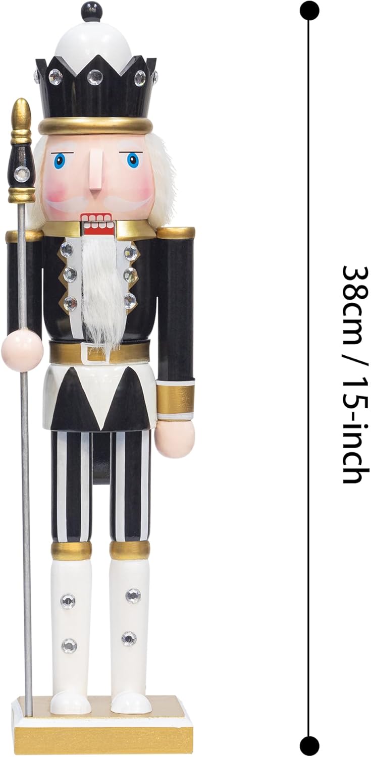 KI Store Black and White Christmas Nutcracker 15-Inch Set of 4 Wooden King and Soldier Nutcracker Figurine Display Set for Christmas Decorations