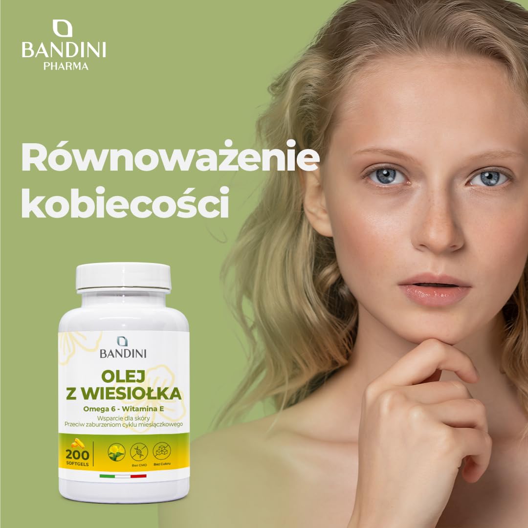 Bandini® Olej z wiesiołka 200 kapsułek żelowych 2000 mg - Przeciwutleniacz dla skóry, włosów i paznokci - Równowaga hormonalna, menopauza i przeciwdziała zaburzeniom cyklu miesiączkowego - Bez GMO
