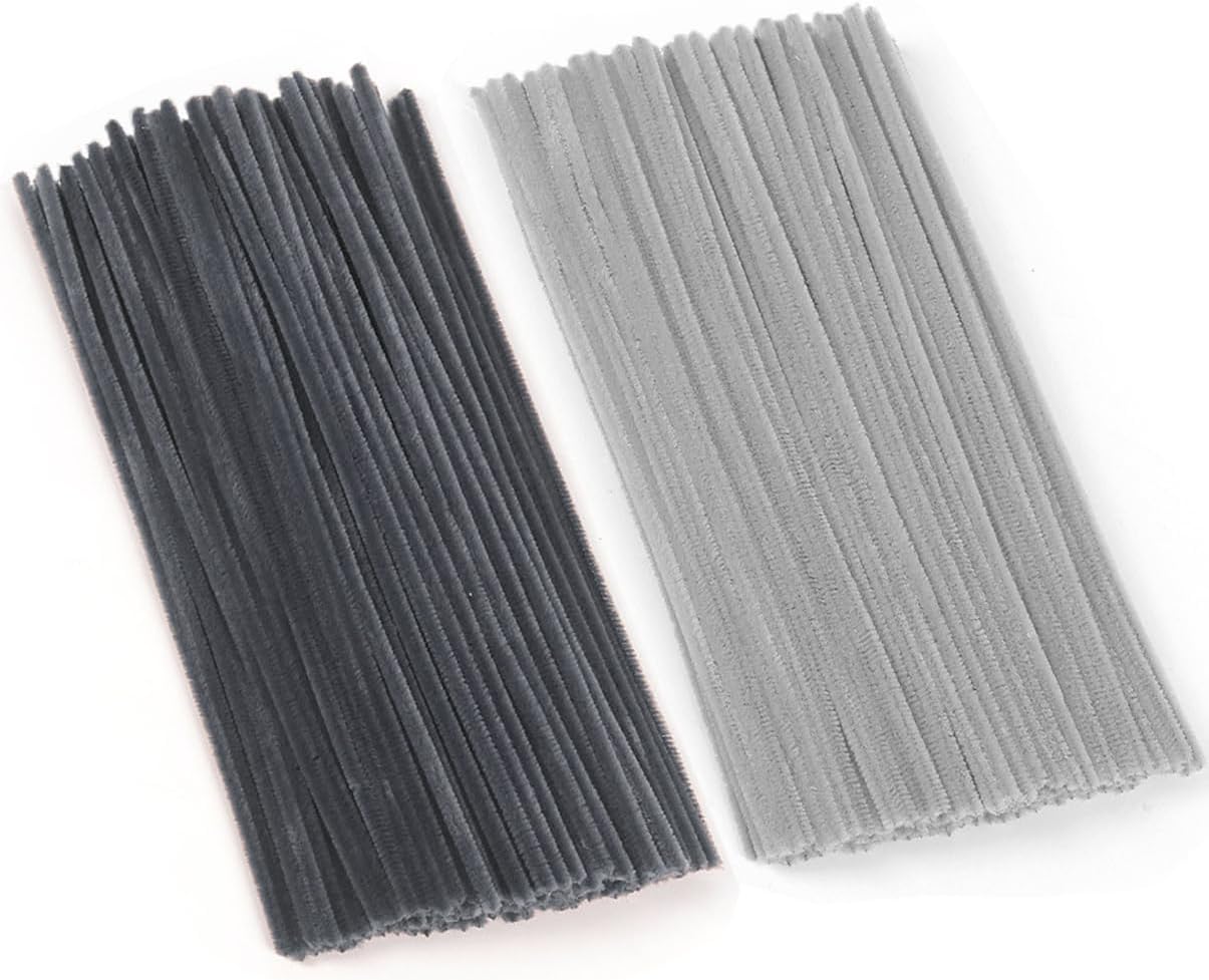Grey Pipe Cleaners, 100 Pieces Chenille Stems Craft, 12 inch Long Fluffy Pipe Cleaners for Creative DIY Art Craft Projects, Home Decoration Supplies (6 mm x 30 cm, Grey Series-2 Colors)
