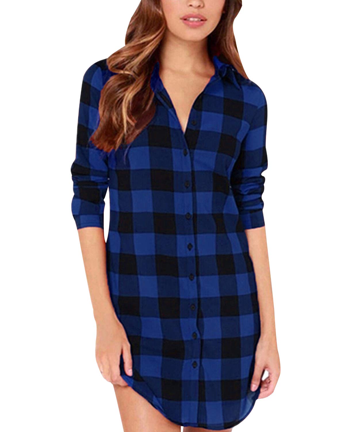 ZANZEAWomen Blouses Tops Buffalo Check Plaid Long Sleeve Casual Button Down Shirts Blue Black US 16