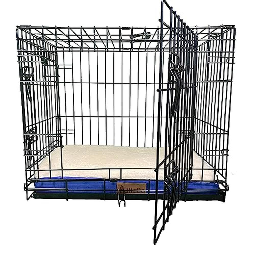Ellie-Bo Orthopädisches Hundebett mit Memory-Schaum, mit Schutzbezug aus Kunst-Wildleder und Schaffell in Blau und Weiß, Größe M, 71 x 48 x 6 cm, für den 76-cm-Hundekäfig