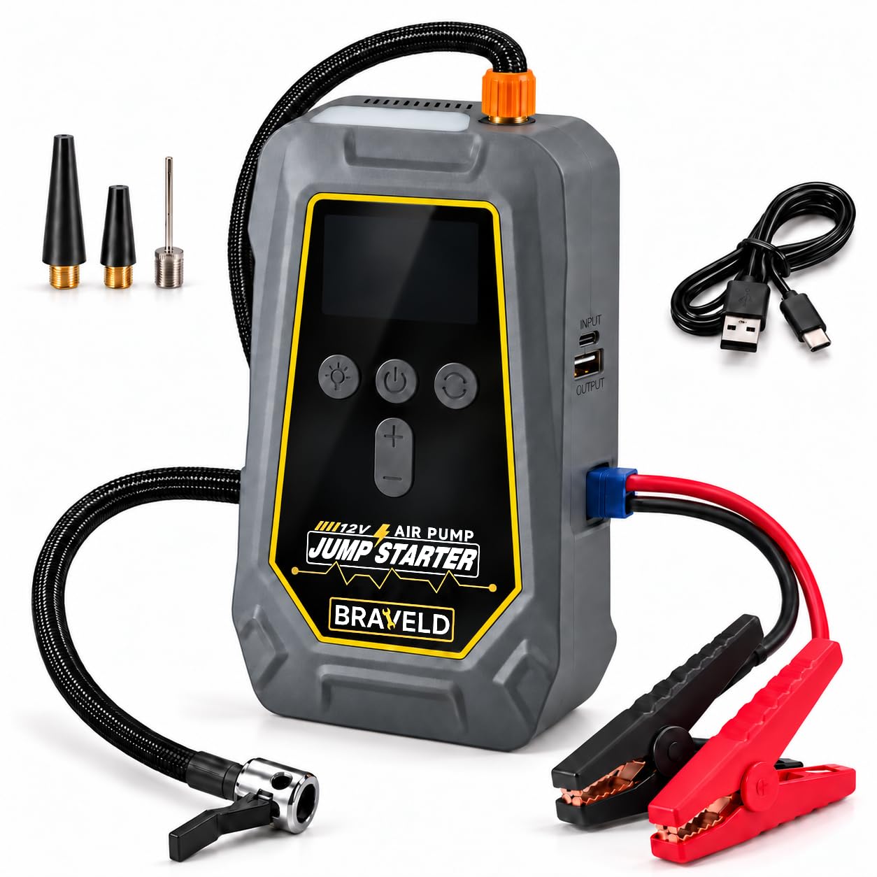 Arrancador de Coches 12V con Compresor de Aire 150 PSI 4 en 1 | 6000A Pico, Powerbank 10.000mAh, Linterna LED SOS | Inflador de Neumáticos para Coches, Motos y Furgonetas | BRAVELD